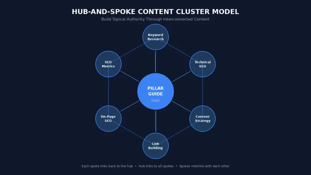 Hub-and-spoke content cluster model for SaaS SEO showing a pillar guide at the center connected to six spoke articles on keyword research, technical SEO, content strategy, link building, on-page SEO, and SEO metrics
